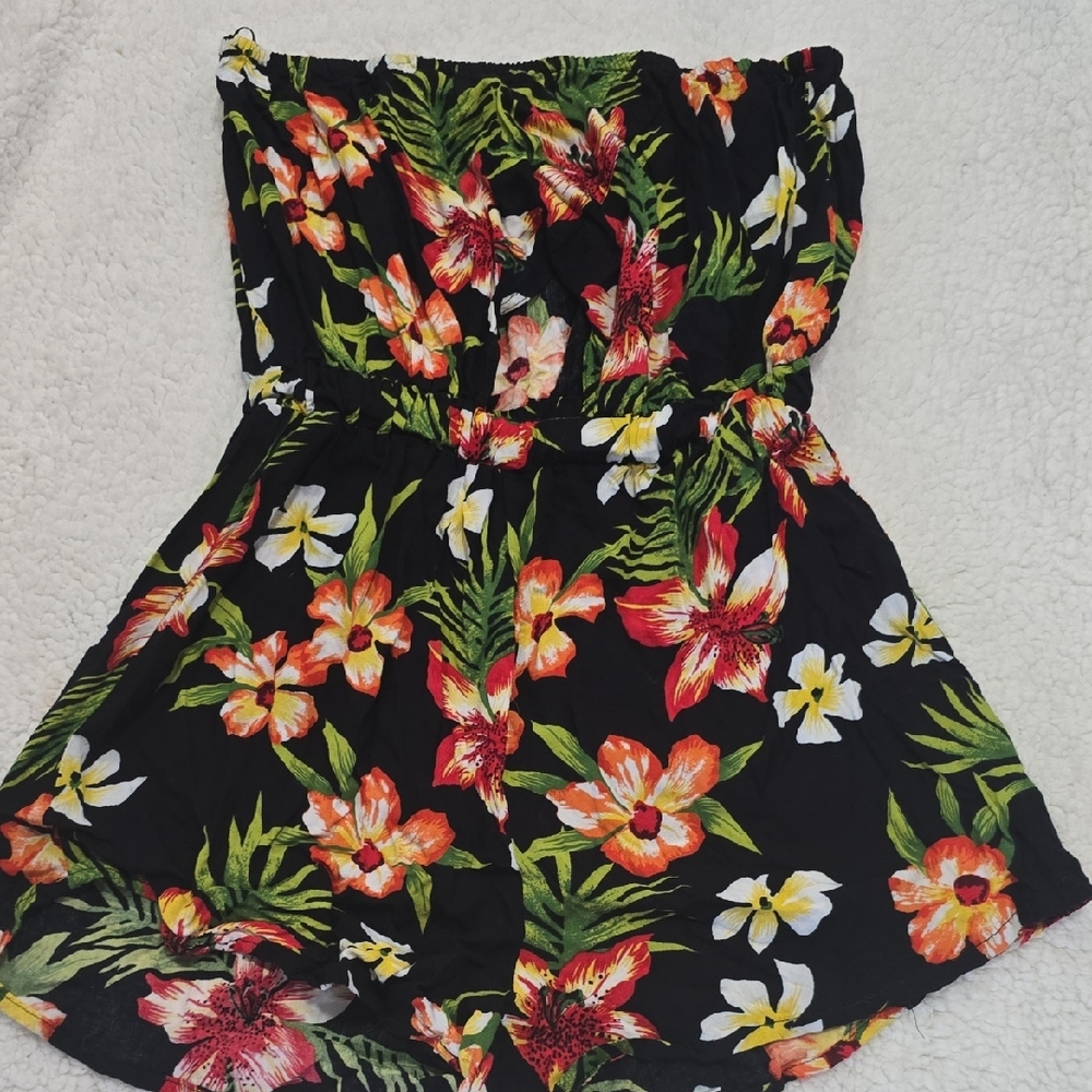 Floral Strapless Romper With Cutout Midsection